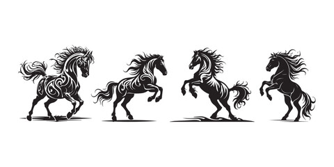 collection of vector illustrations of horse silhouettes posing gallantly standing