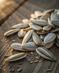Captivating macro shot of sunflower seeds in light grey striped shells natural setting high-definition photography close-up perspective organic concept