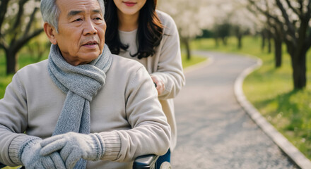 Elderly Asian man in wheelchair being assisted by caregiver on a scenic path surrounded by blooming trees, showcasing compassion and support in elderly care