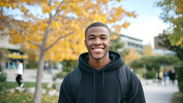 Young man student with backpack standing on a tree-lined campus path, fall foliage ablaze in orange and yellow hues, smiling at the camera with blurred university buildings in the