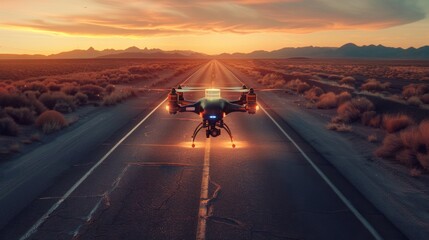 Drone flying over a deserted road at sunset.