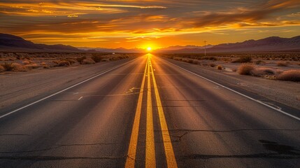 Lonely road under a colorful sunset sky.