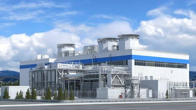 Industrial carbon capture facility with massive intake vents and cooling systems, future of fossil mitigation.