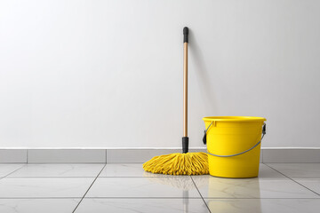 Minimalist composition of a mop and bucket placed on a tiled floor, white wall in background