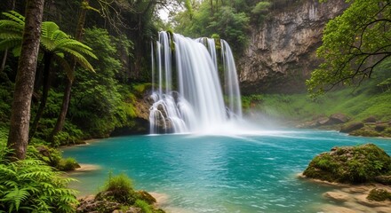Fototapeta premium Scenic waterfall cascading into a vibrant turquoise pool surrounded by lush green vegetation and rocky cliffs.