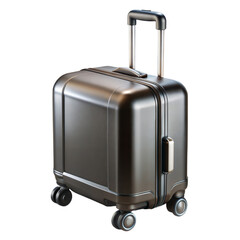 Modern dark grey metallic suitcase with wheels and telescopic handle isolated on transparent background