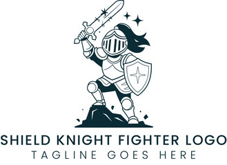 Brave knight mascot illustration in armor, holding a sword and shield for a logo