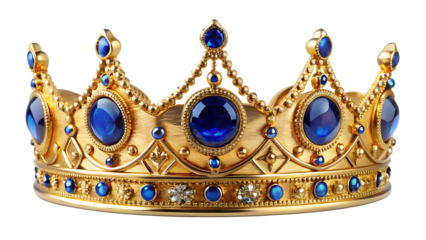 Ornate gold crown with large blue gemstones and small diamonds on black background