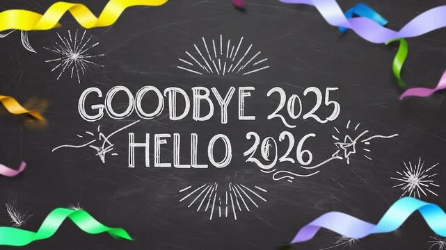 Chalkboard with a message that says "Goodbye 2015 Hello 2016" with colorful confetti in the background