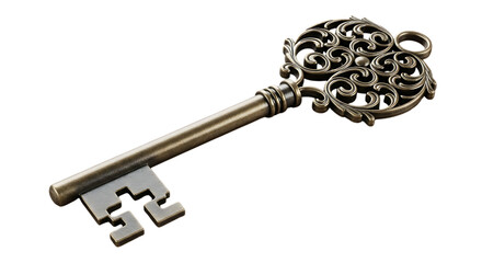 Antique ornate metal key with intricate scrollwork design isolated on transparent background