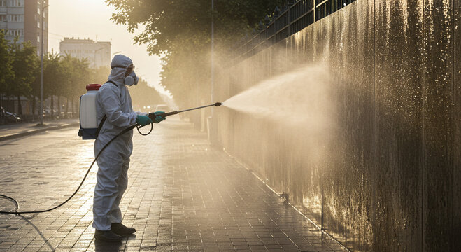 Essential worker sanitizing urban environment surface with disinfectant sprayer in protective gear - Powered by Adobe