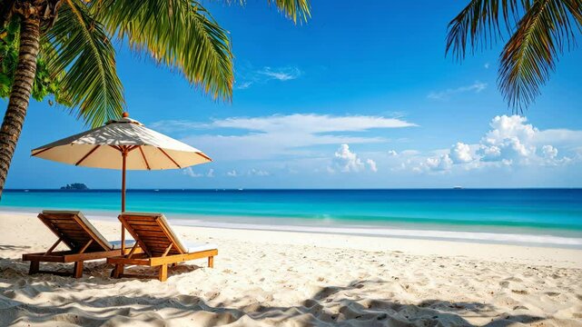 Two empty sunbeds under parasol on tropical beach inviting relaxation.