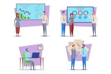 In vibrant workspace, business professionals engaged in various activities such as meetings, presentations, and teamwork. Dynamic and productive working environment concept