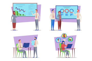 Professionals engaged in collaborative discussions and presentations in bright, modern office. Teams focusing on charts, reports, and brainstorming sessions to drive success