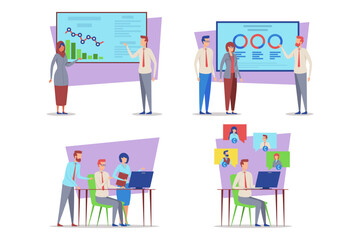Vibrant collection of business professionals engaged in various activities like discussing data, presenting charts, and collaborating in front of screen filled with graphics and charts