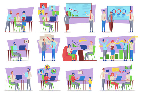 Professionals engaged in various activities including meetings, presentations, and discussions in modern office setting. Teamwork and innovation in problem-solving concept