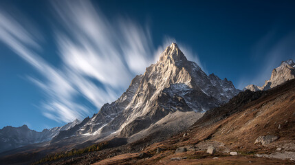 Obraz premium Majestic mountain peak with streaking clouds dramatic landscape