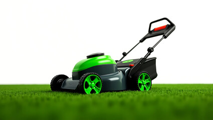 Fototapeta premium old lawnmower riding Lawn mower woman cutting green grass in backyard, mowing lawn