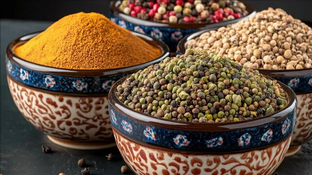 A bowl of spices is shown with a variety of spices including pepper, cumin, and paprika