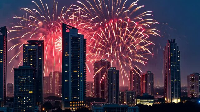 Night cityscape with vibrant fireworks exploding over modern buildings. Celebration and festive sky view footage.