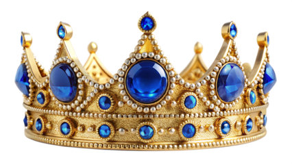 Ornate gold crown with large blue sapphire gems and pearl accents isolated on black blue gems royal
