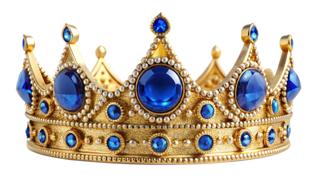 Ornate gold crown with large blue sapphire gems and pearl accents isolated on black blue gems royal