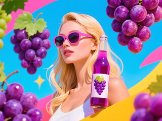 Blonde in Sunglasses with Grape Soda and Vibrant Grapes