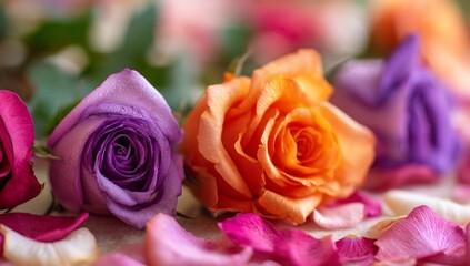 Fototapeta premium Close-Up of Colorful Roses and Petals