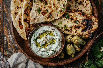 Rustic platter with flatbread and yogurt dip with herbs