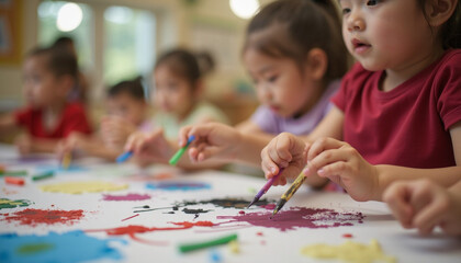 A group of young children diligently concentrating on collaborative art project creativity in a