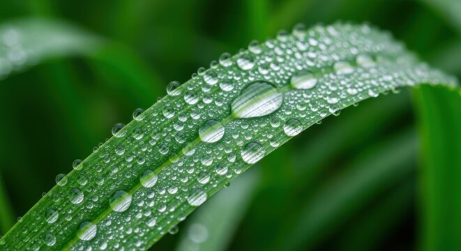 Close up of dew drops on a green grass blade after rain - Powered by Adobe