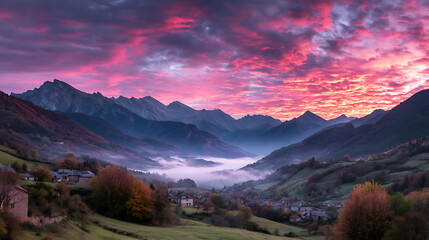 Majestic mountain village sunrise vibrant pink sky autumn colors