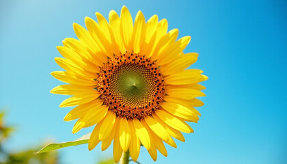 Stunning close-up of a vibrant sunflower with bright yellow petals against a clear blue sky