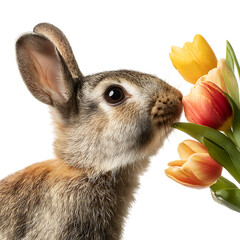 Young Rabbit Sniffing Spring Tulips A Vibrant CloseUp white background against transparent Background