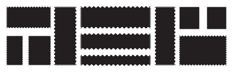 Postage stamp borders set vector. Wavy edge frame or shape. Set of frames in shape of squares and rectangles of various sizes with zigzag edge. Set of frames with zigzag edge, scallop edge shape