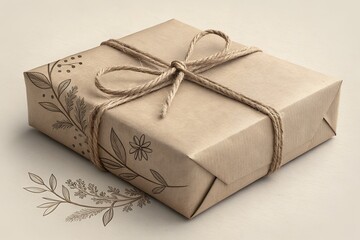 A beautifully wrapped gift box in natural brown kraft paper adorned with delicate hand drawn botanical illustrations and tied with rustic twine presented on a light textured surface