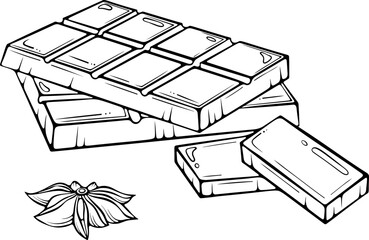 Chocolate bars and pieces with star anise. Cozy treat composition. Sweet dessert element. Vector illustration in hand drawn doodle sketch style. Line art isolated on white for coloring book, print