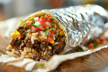 Delicious Beef Burrito Wrapped in Foil with Rice, Fresh Salsa, Corn, and Cilantro – Mexican Street Food Close-Up Perfect for Restaurant Menu or Takeout Concept