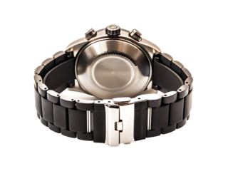 a close up of a luxury black an silver wristwatch isolated on white background PNG, ai generated