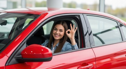 Happy Woman in a Red Car Making Okay Gesture in Showroom