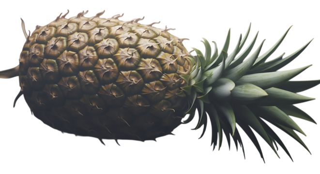 Close up of a ripe pineapple with green leaves isolated on transparent background