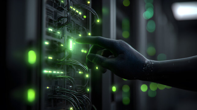 Data center server maintenance being performed with servers and hand in glove