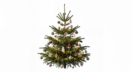 Christmas tree decorated with ornaments and lights on white background  