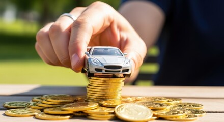 Concept of Wealth and Success with Toy Car and Gold Coins