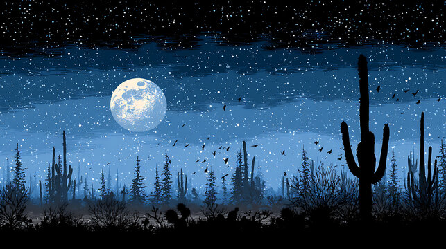 Desert night sky full moon saguaro cactus silhouette - Powered by Adobe