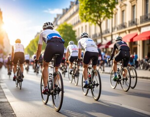 Cyclists race down a Parisian street, bathed in golden sunlight, during a vibrant cycling event.