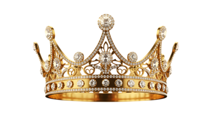 Luxurious golden crown adorned with sparkling diamonds isolated on transparent background