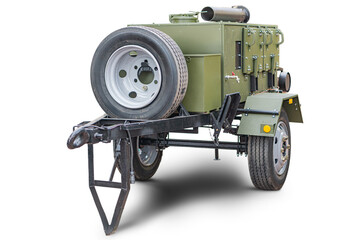 A camouflaged industrial or military vehicle with large wheels, robust structure, and...