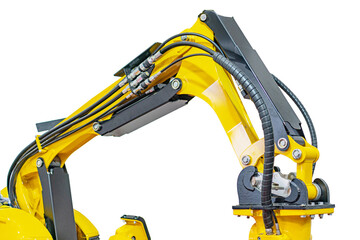 Yellow industrial excavator, angled position, articulated arms, bucket attachment, hydraulic...