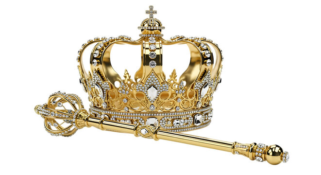 Ornate golden crown and scepter adorned with diamonds isolated on transparent background - Powered by Adobe